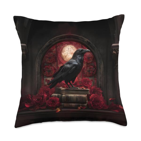 Raven with Red Roses and Vintage Books Moody Goth Aesthetic Throw Pillow