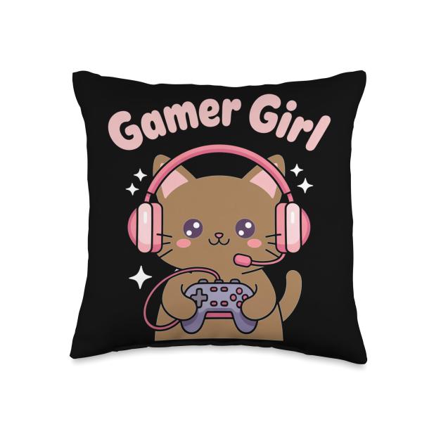 Girl Gamer Cat Brown Kitty Video Game Girls Women Gaming Throw Pillow