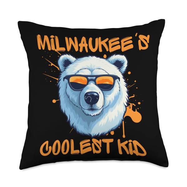Milwaukee's Coolest Kid Ice Bear Sunglasses Throw Pillow