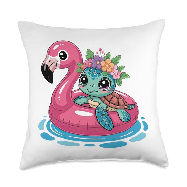 Flamingo Baby Turtle Swim Tube Miami Beach Florida Look Art Throw Pillow