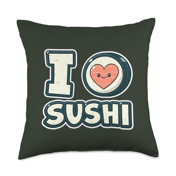I Love Sushi Cute Adorable Heart Sushi Roll Kawaii Food Throw Pillow