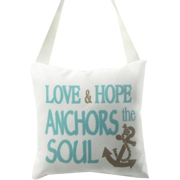 Love ＆ Hope Anchors The Soul Door Hanger Pillow - Nautical Coastal Wall D〓cor - Blue and White Inspirational Accent - 6.5 Inch Square
