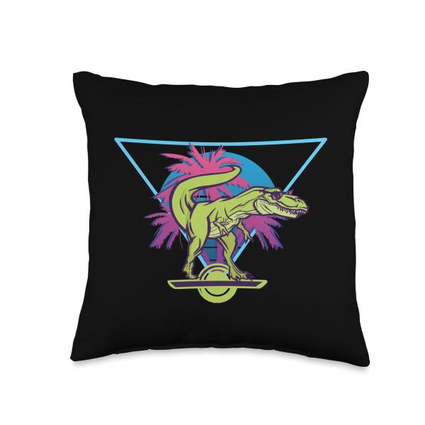 Electric Skateboard Modern Floating T-Rex Retro One Wheel Throw Pillow