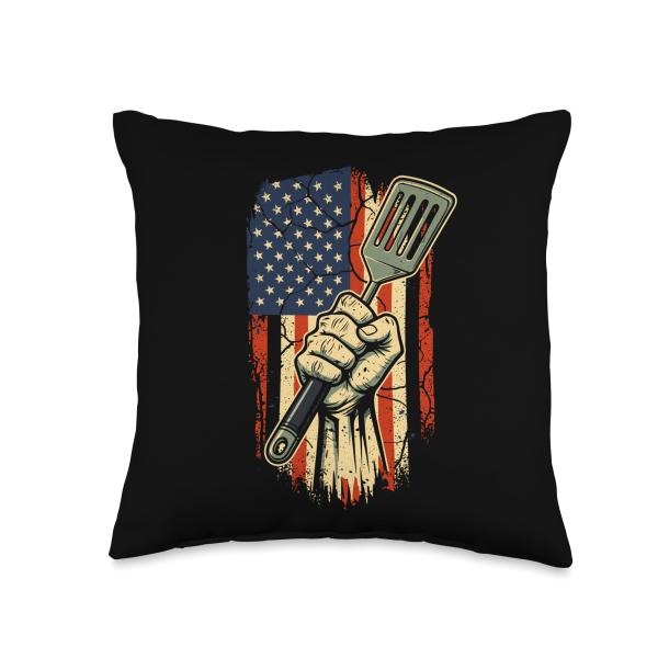 Patriotic American Flag Griller Spatula Hero Throw Pillow