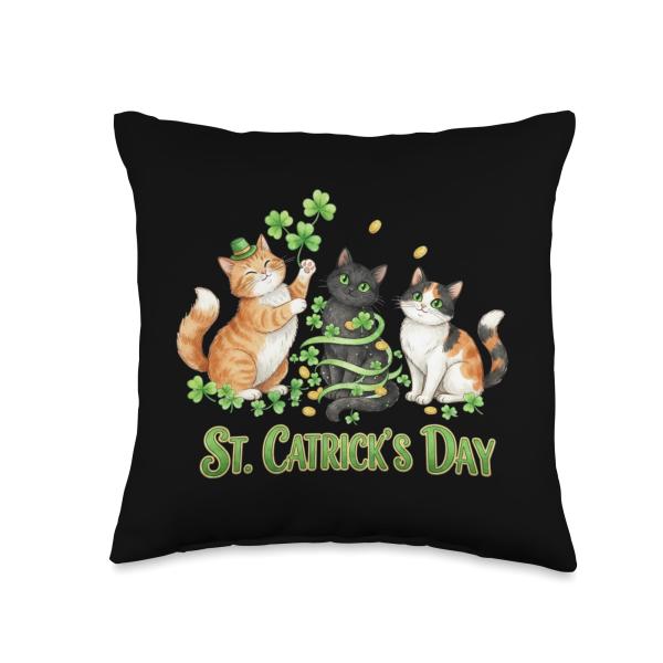 St. Catrick's Day Cats and Clovers Throw Pillow