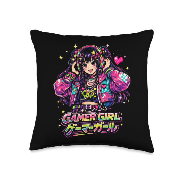 Gamer Girl Decora Kawaii Anime Japanese Harajuku Throw Pillow