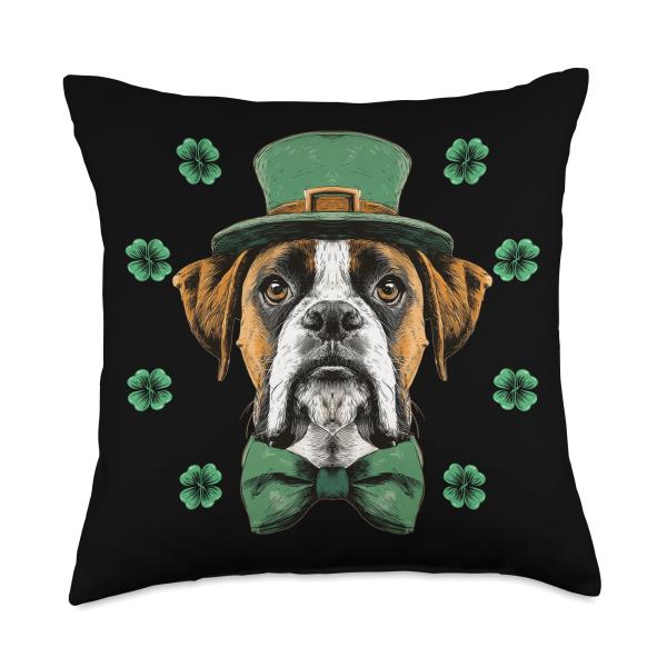 Boxer Dog St. Patricks Day Pattys Day Irish Leprechaun Luck Throw Pillow