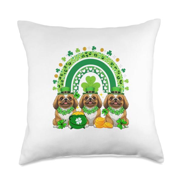 Three Cute Pekingeses St. Patrick's Day Shamrocks Rainbow Throw Pillow