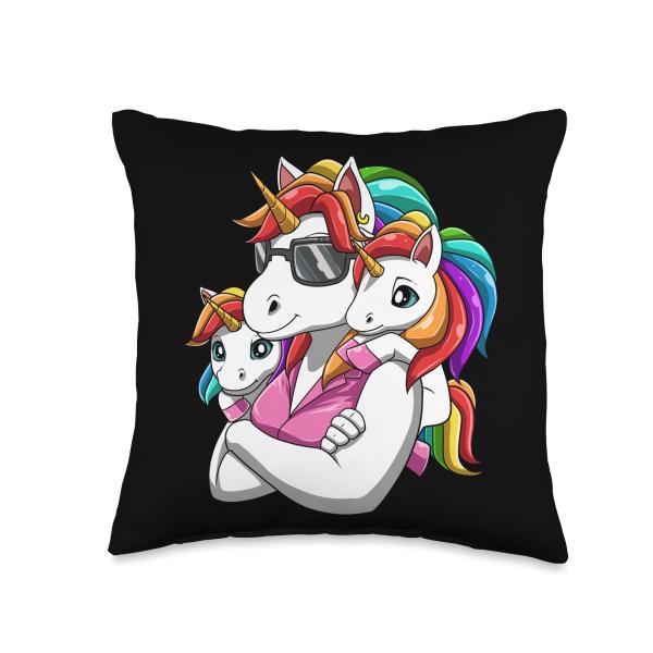 Unicorn Mama with Two Kids Cool Mom Throw Pillow