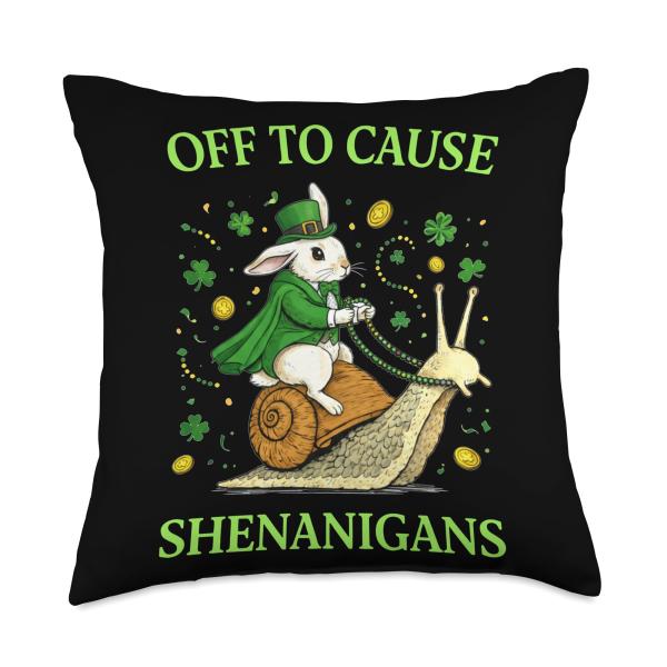 St Patricks Day Rabbit Bunny Riding Snail Shenanigans Throw Pillow