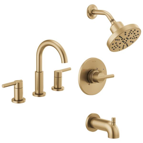 Delta Faucet Nicoli 14 Series Single-Handle Shower Faucet with 5-Setting H2Okinetic Shower Head, Nicoli Widespread Bathroom Sink Faucet 3-Hole, Champa