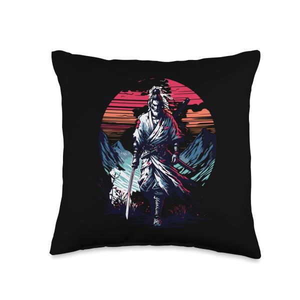Lone Samurai Warrior Under Crimson Sun Anime Vintage Legend Throw Pillow