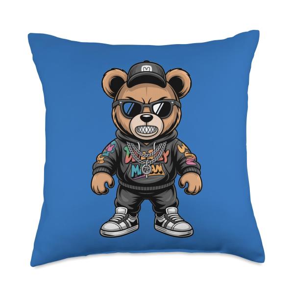 Edgy Hip Hop Bear Cartoon Grillz Money Chain Design Throw Pillow