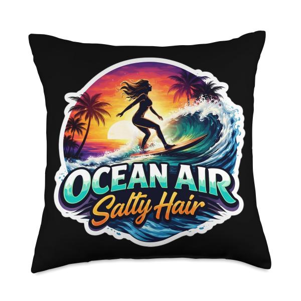 Ocean Air Salty Hair Woman Surfer Girl Surfing Surfboard Sun Throw Pillow