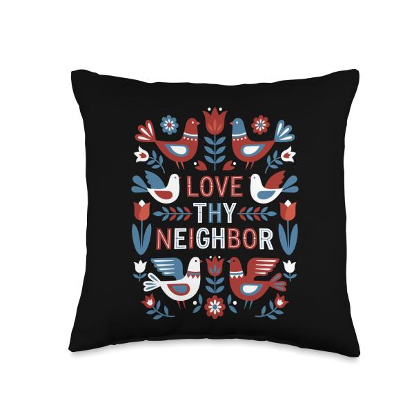 Scandinavian Folk Art Love Thy Neighbor Kindness Throw Pillow