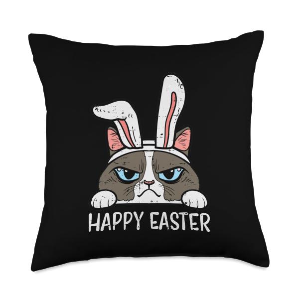 Happy Easter Grumpy Bunny Cat Funny Women Girls Kids Toddler Throw Pillow