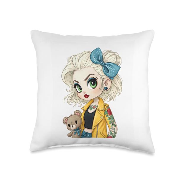 Tattooed Blonde Chibi Girl Teddy Cartoon Art Throw Pillow