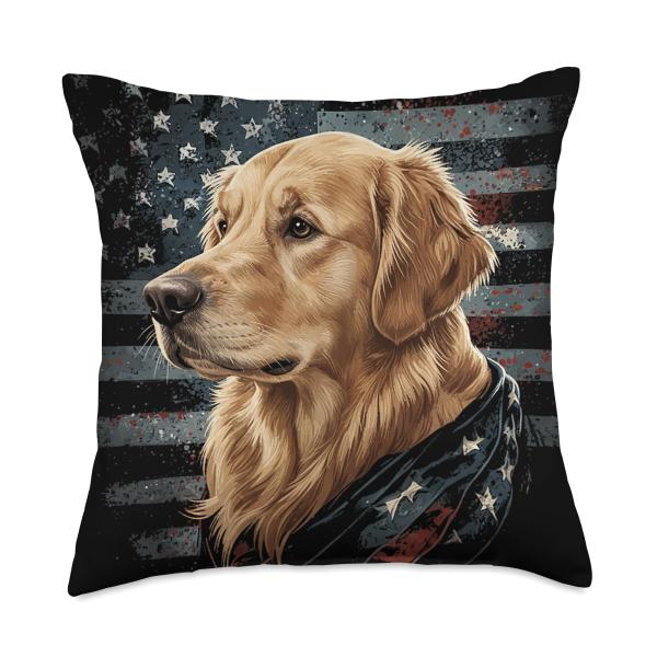 Golden Retriever Dog American Flag Patriotic Vintage USA Throw Pillow