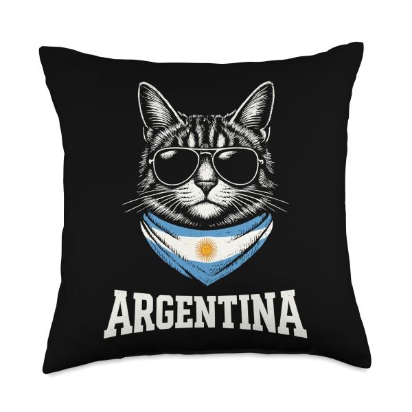 Vintage Argentinian Flag Funny Cat Argentina with Sunglasses Throw Pillow
