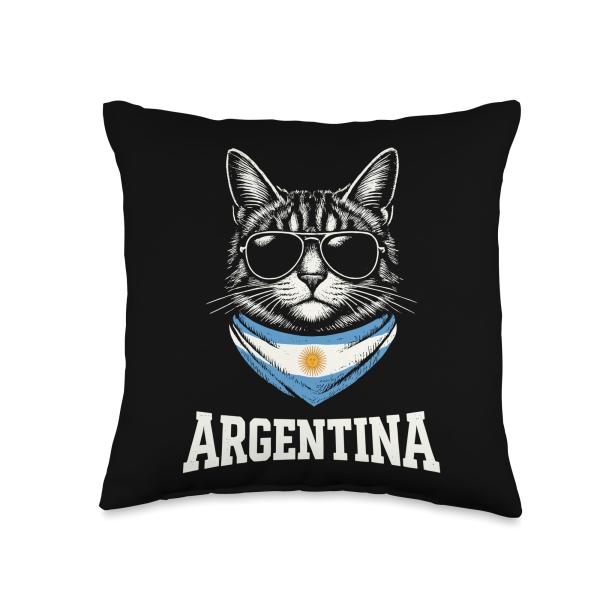 Vintage Argentinian Flag Funny Cat Argentina with Sunglasses Throw Pillow