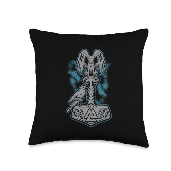 Viking Mjolnir Ravens Huggin Norse Mythology Men Women Kids Throw Pillow