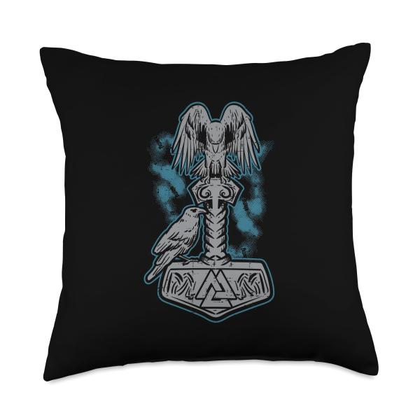 Viking Mjolnir Ravens Huggin Norse Mythology Men Women Kids Throw Pillow