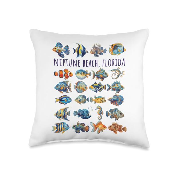 Neptune Beach Florida Colorful Fish Design Throw Pillow
