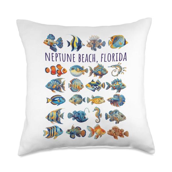 Neptune Beach Florida Colorful Fish Design Throw Pillow
