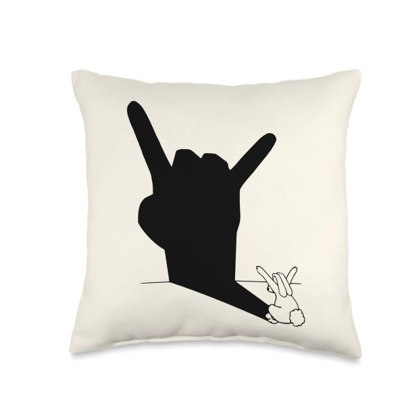 Rock On Easter Bunny Hand Horns Rabbit Ears Rocker Throw Pillow
