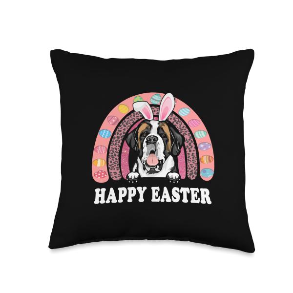 St Bernard Dog Easter Bunny Eggs Hunting Boho Rainbow Throw Pillow