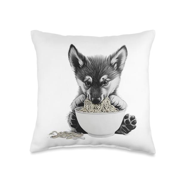 Wolf Cub Eating Ramen Noodles Cute Puppy Design Throw Pillow
