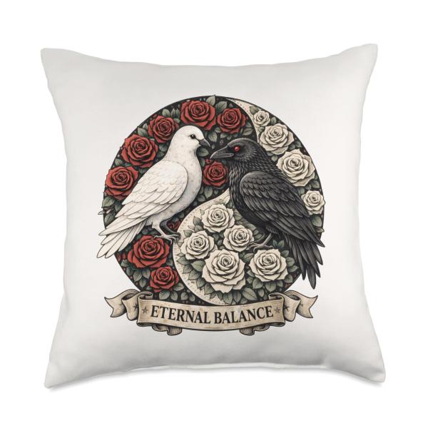 Crow Raven Dove Eternal Balance Yin-Yang White Red Roses Tee Throw Pillow