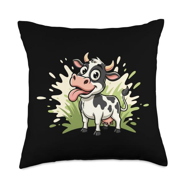 Cute Silly Cow Tongue Out Funny Farm Cartoon Throw Pillow