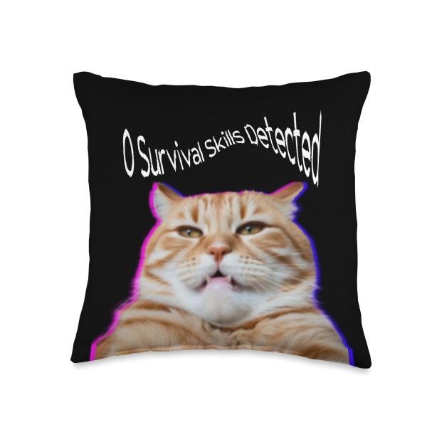 0 Survival Skills Detected Funny Derpy Orange Cat Meme Throw Pillow