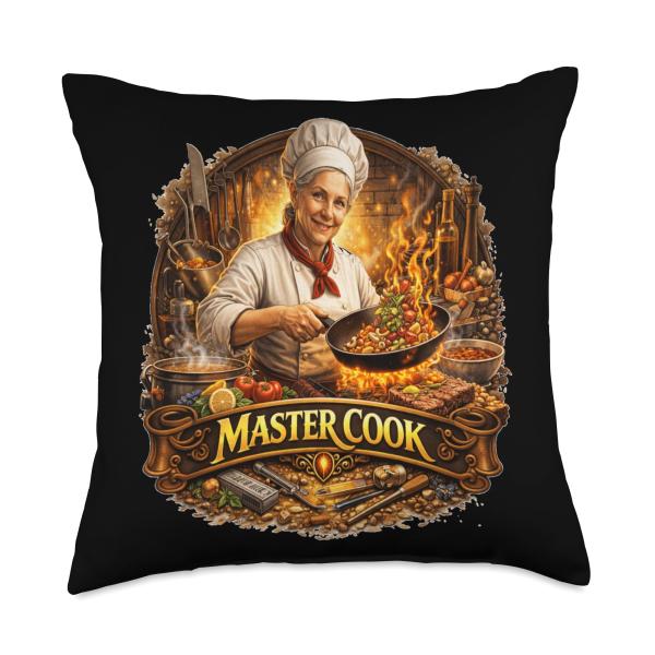 Master Cook Woman with Pan Cooking Throw Pillow