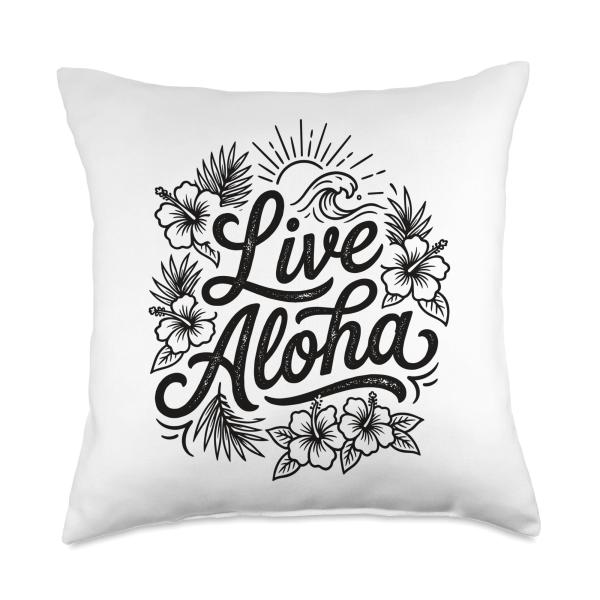 Live Aloha Hawaiian Script Hibiscus Wave Tropical Island Throw Pillow