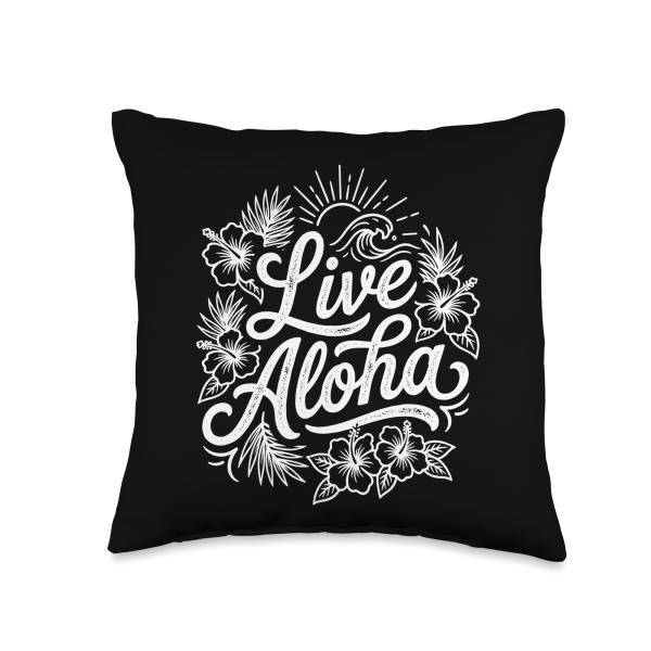 Live Aloha Hawaiian Script Hibiscus Wave Tropical Island Throw Pillow
