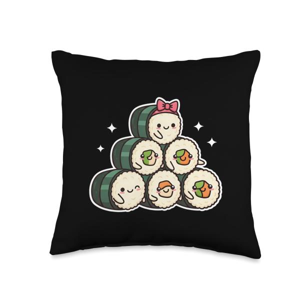 Kawaii Sushi Pyramid Cute Rolls Happy Faces Chibi Anime Throw Pillow