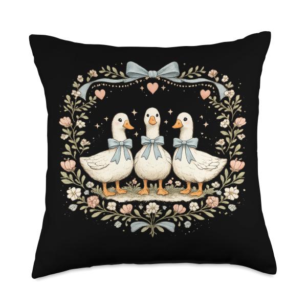 Three Geese Cottagecore Floral Goose Farm Animal Art Throw Pillow