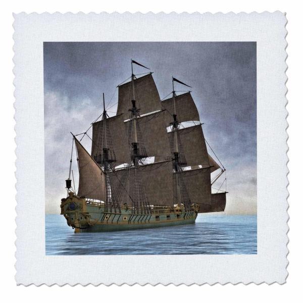 3dRose Green Corvette Sailing Ship Sailing Away to The Right in Heavy Fog 16x16 inch Quilt Square
