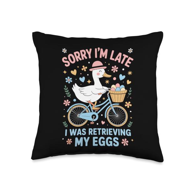 Funny Easter Duck on Bicycle Sorry I'm Late Egg Hunt Throw Pillow