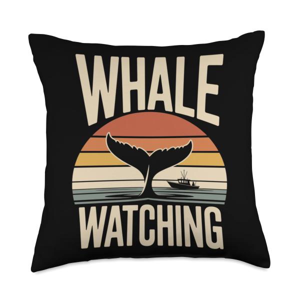 Whale Watching Retro Ocean Sunset Boat Scene Throw Pillow