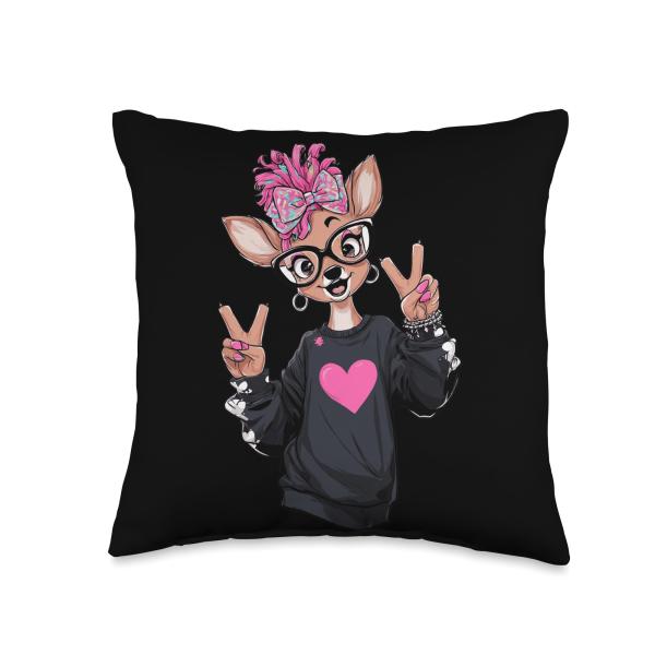Deer Fawn Girl Double Peace Sign Kawaii Pop Graphic Playful Throw Pillow