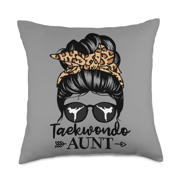 Taekwondo Aunt Messy Bun Hair Funny Taekwondo Athlete Aunt Throw Pillow