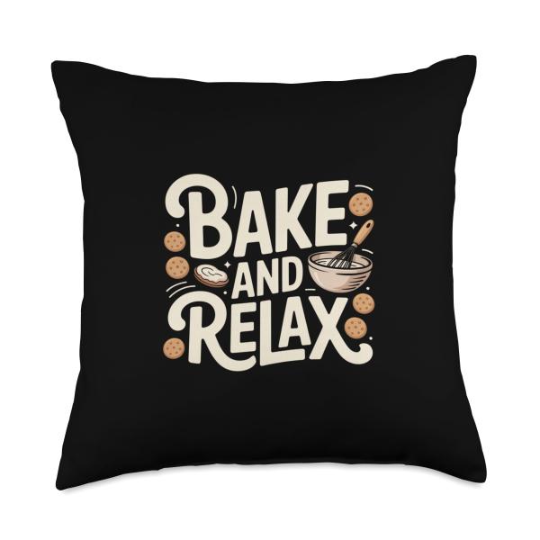 Bake and Relax Funny Home Baking Kitchen Quote Throw Pillow