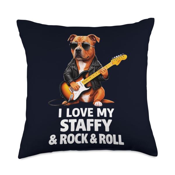 I Love My Staffy and Rock and Roll Cool Dog Lover Music Fans Throw Pillow