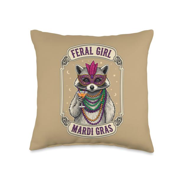 Feral Girl Mardi Gras Raccoon Cocktail Beads Mask Party Throw Pillow