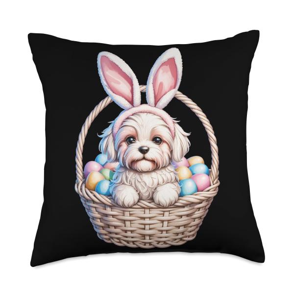 Maltese Bunny Ears Easter Cute Dog in Basket Pastel Eggs Throw Pillow