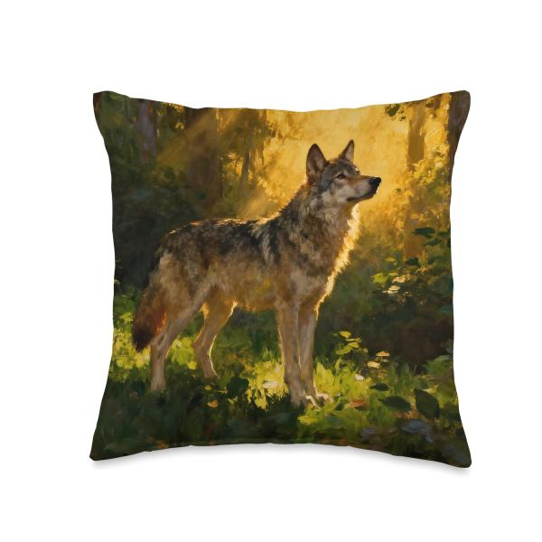 Lone Beautiful Wolf Stands in Sunlight Within The Forest Throw Pillow