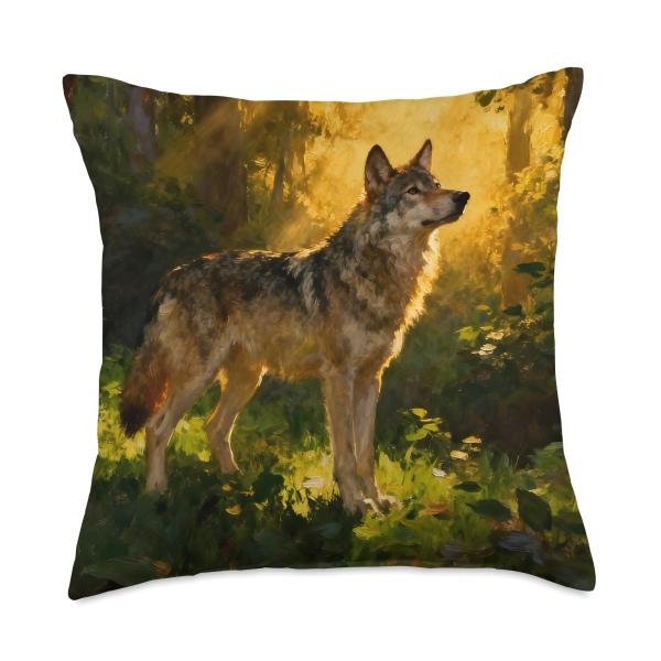 Lone Beautiful Wolf Stands in Sunlight Within The Forest Throw Pillow